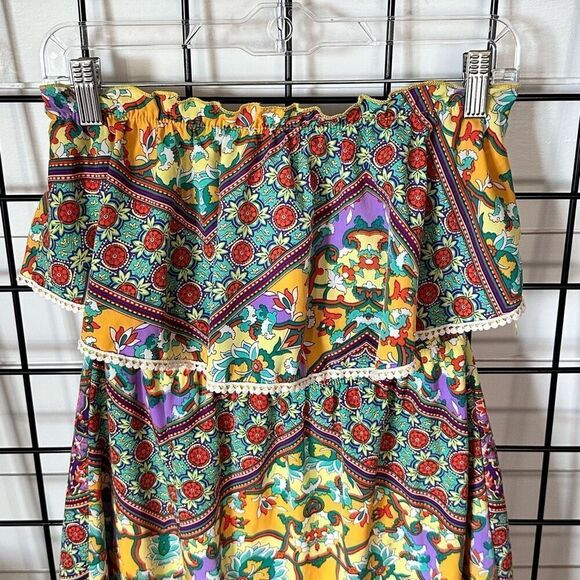 Peach Love CA Peasant Off Shoulder Strapless Ruffle Patchwork Dress Womens S Fri - Picture 2 of 8